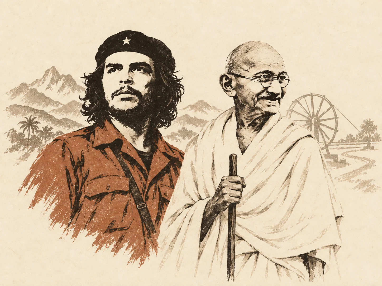 Che Guevara in a starred beret beside Gandhi in a white shawl, one against mountains and palms, the other against a spinning wheel.
