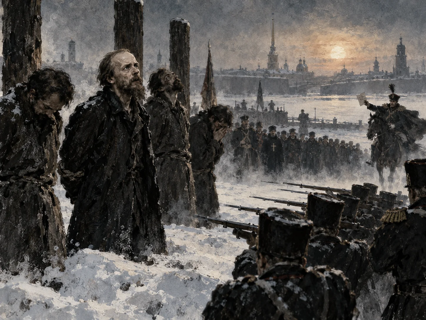 Prisoners tied to posts in the snow at dawn, a line of soldiers aiming rifles, and a horseman galloping in with a paper held high.