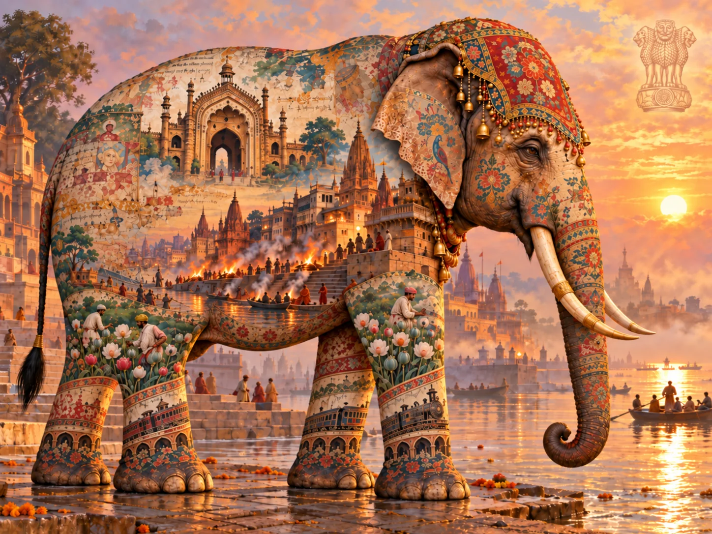 An ornamented elephant on the ghats of Varanasi at sunrise, its body painted like an old manuscript with the Rumi Darwaza, the burning ghats, farmers among poppies and steam trains.