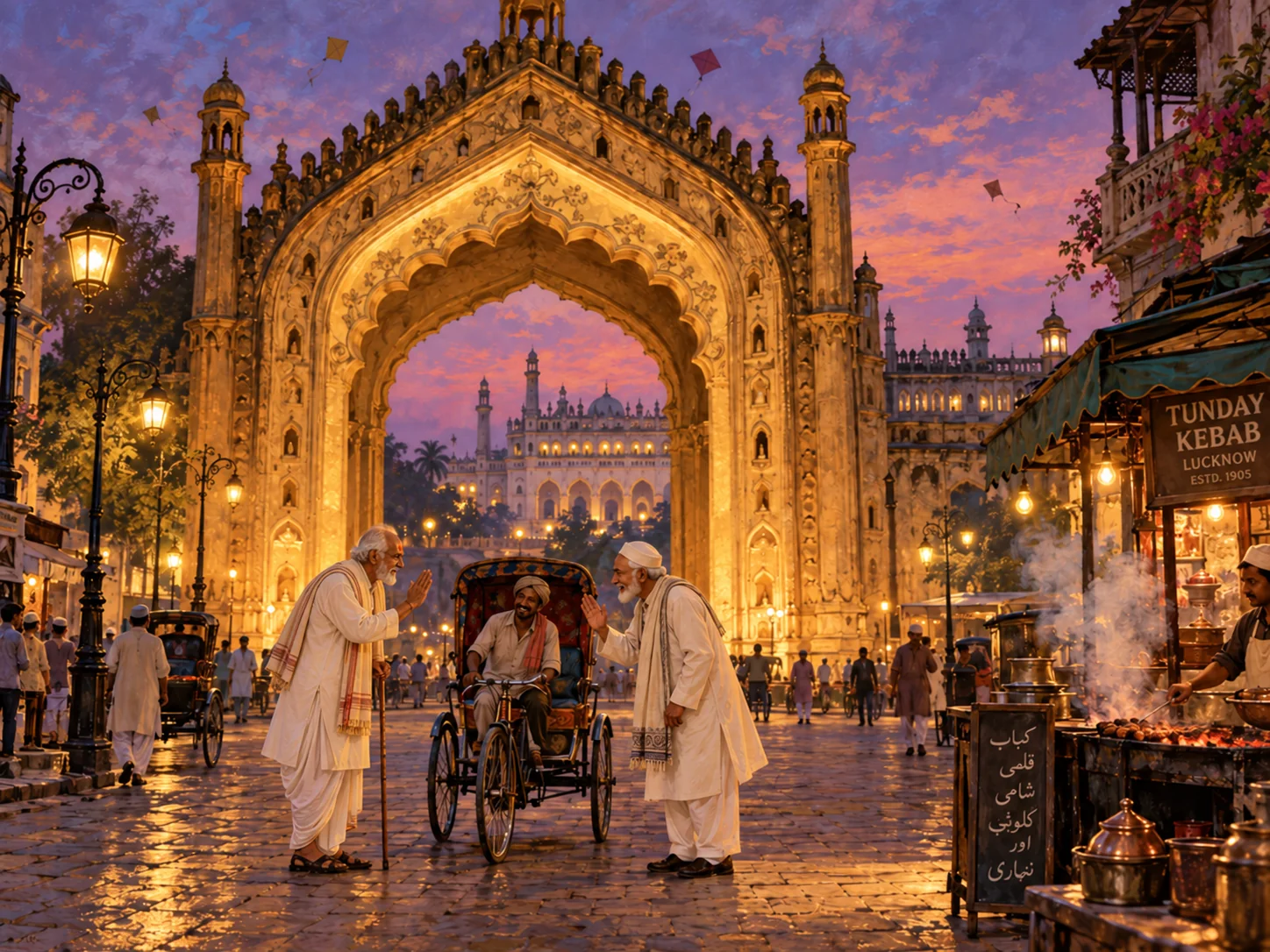 Two elderly men in white kurtas and caps bow to each other under the glowing arch of the Rumi Darwaza at dusk, each gesturing for the other to go first, while a rickshaw puller waits between them, kites fly overhead and a kebab stall smokes nearby.