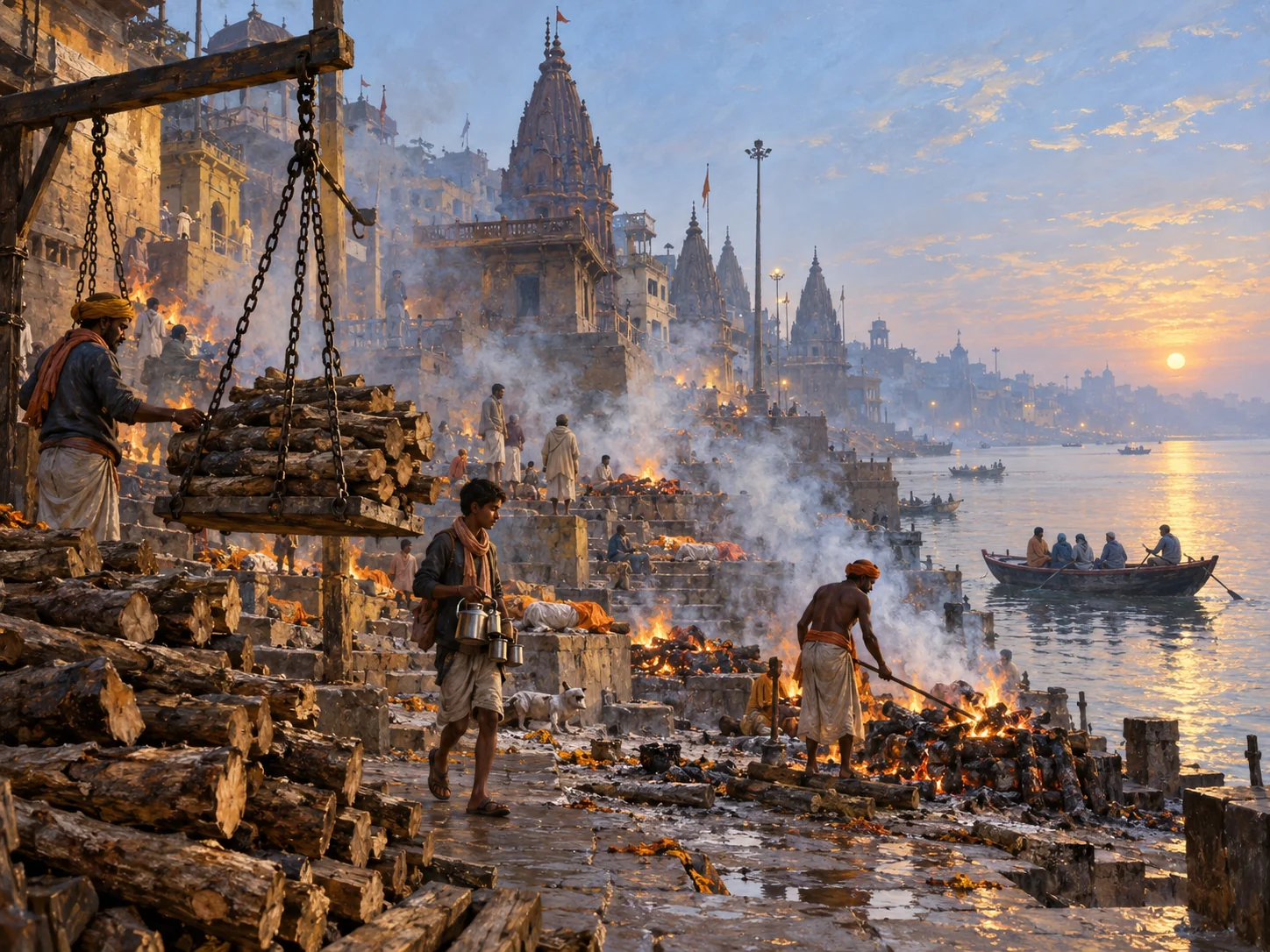 Manikarnika ghat in Varanasi at dawn: logs weighed on a hanging wooden scale, pyres burning on the steps, a Dom attendant tending a fire, a boy carrying cups of tea past the smoke and a boat on the Ganga.