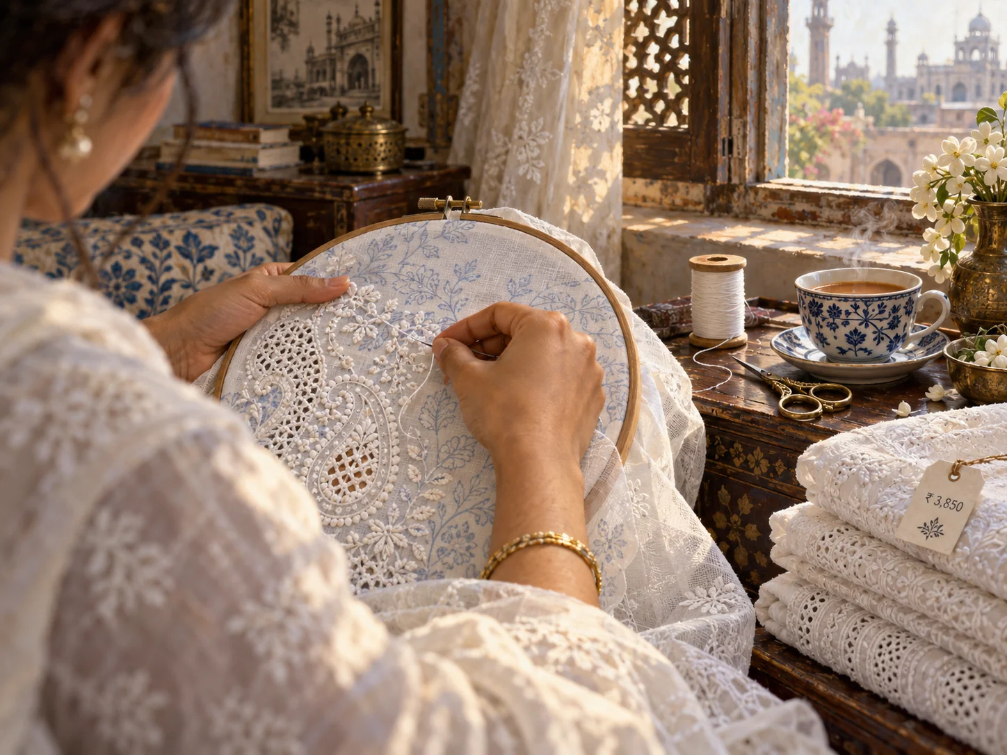 A woman's hands embroidering white chikan thread on muslin stretched in a wooden hoop, the blue printed pattern still visible beneath, with a cup of tea, a spool and scissors beside her and a stack of finished pieces tagged at ₹3,850.