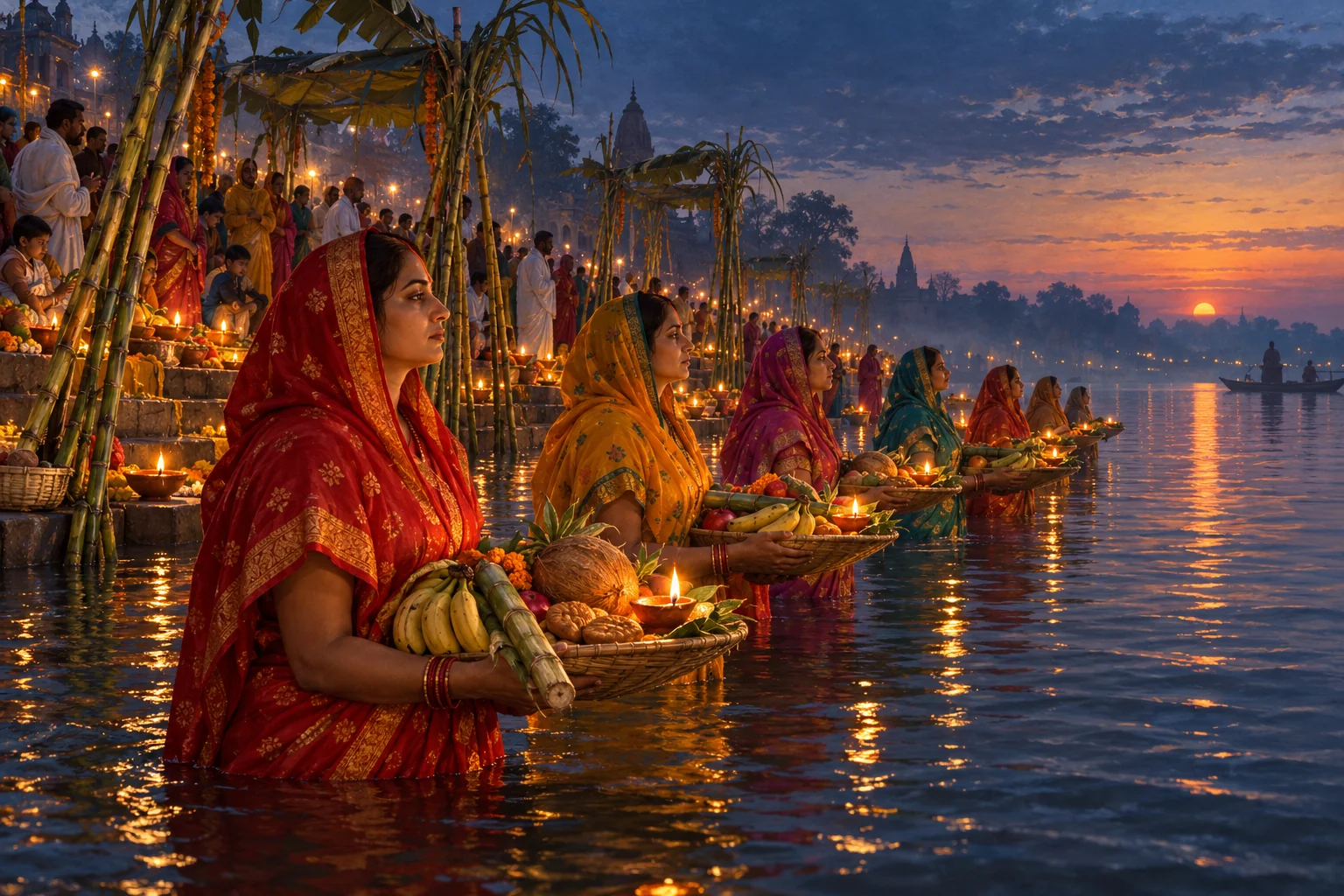 Women in bright saris stand waist-deep in the river at dusk, holding bamboo baskets of bananas, sugarcane, coconuts, thekua and lit lamps towards the sun on the horizon, while families wait on the lamp-lit ghat steps under sugarcane canopies.