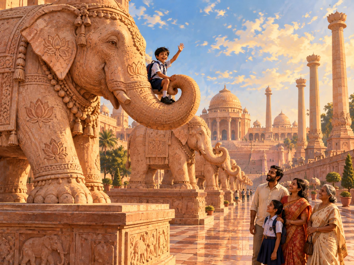 A schoolboy waves from the trunk of a huge carved pink-stone elephant in a Lucknow memorial park, a long row of stone elephants stretching towards a domed hall and lotus-topped pillars while his family watches and smiles.