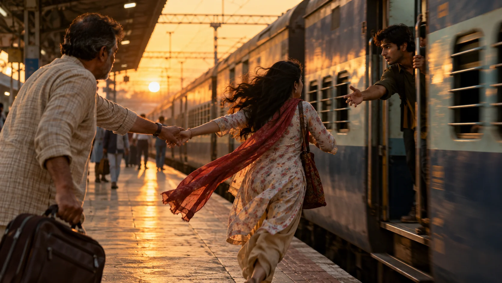 An older man holds a young woman's hand on a station platform as she runs towards a moving train, where a young man reaches out for her.