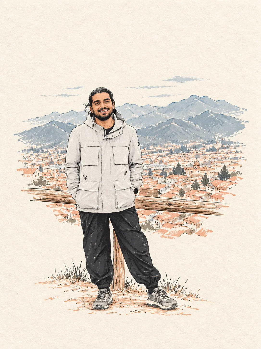Ink and wash drawing of a bearded man leaning against a wooden fence, smiling, with a red-roofed town and mountains behind him.