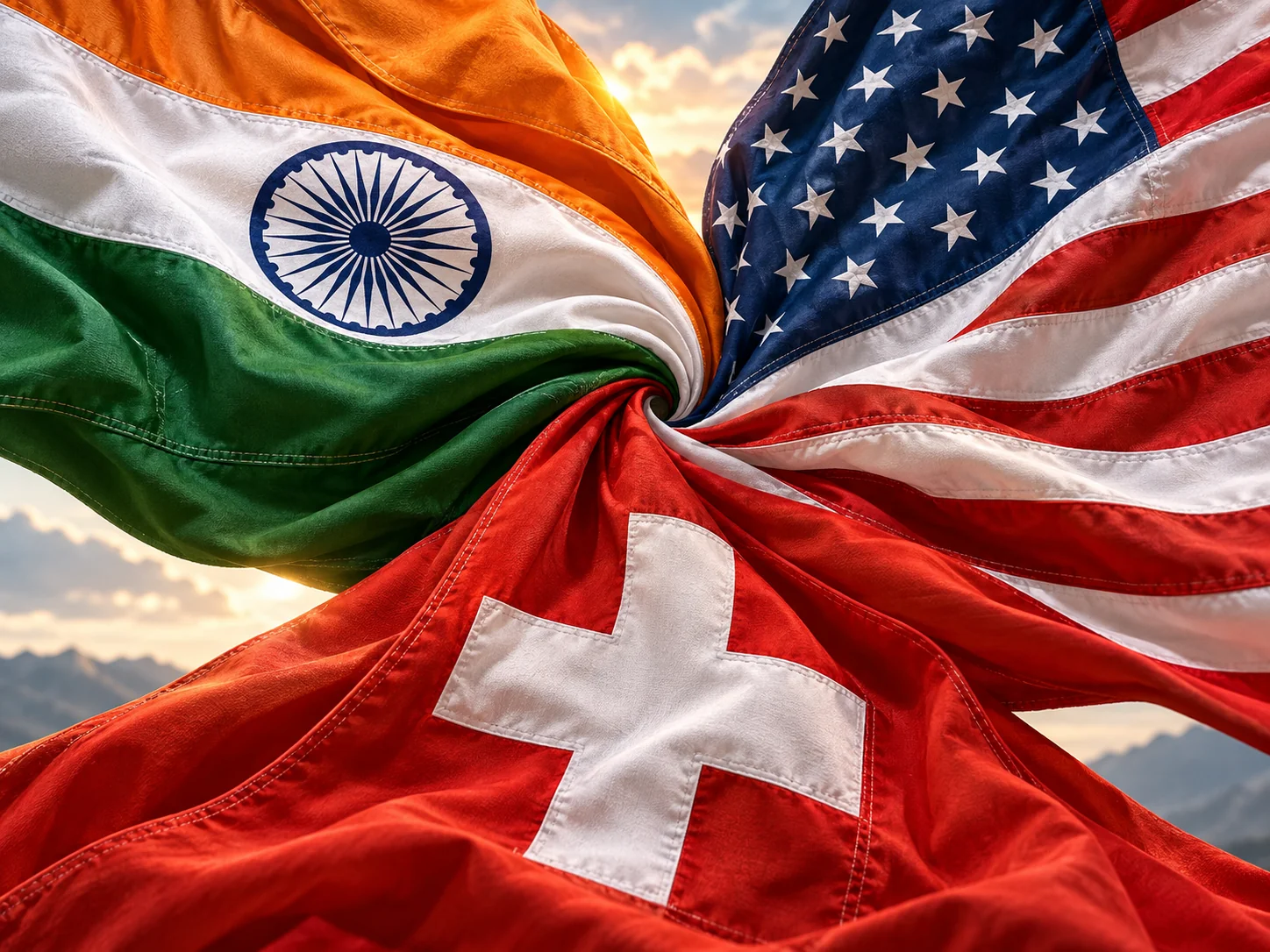 The flags of India, the United States and Switzerland twisted together into one knot against a mountain sunrise.