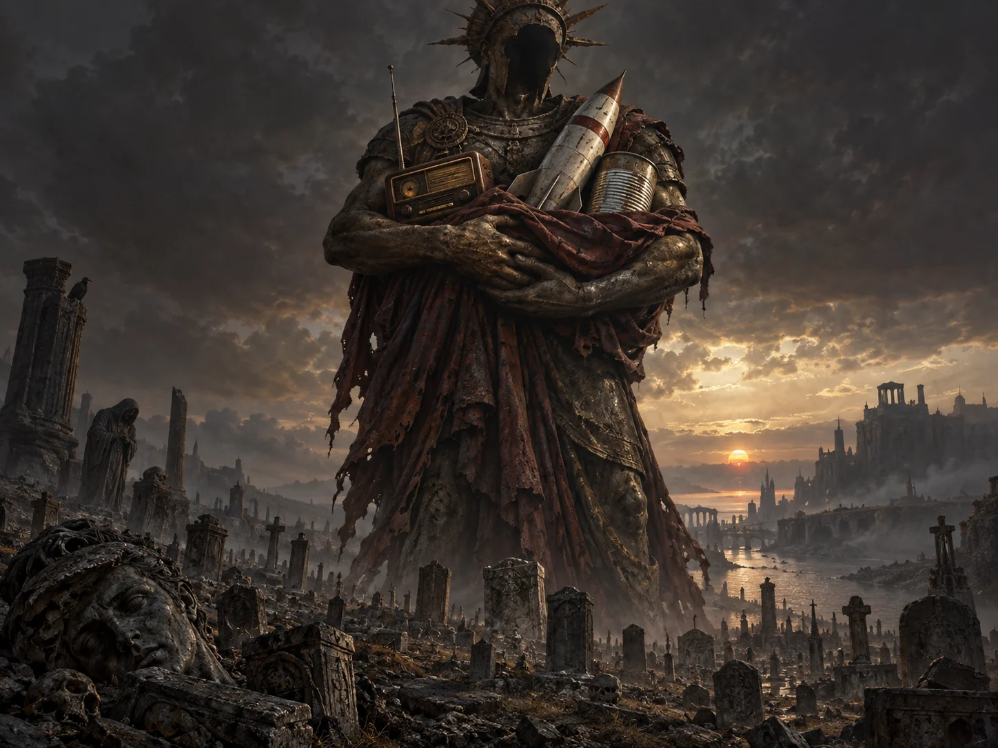 A faceless armoured giant cradling a radio, a rocket and a tin can, standing over a graveyard with a ruined city behind.