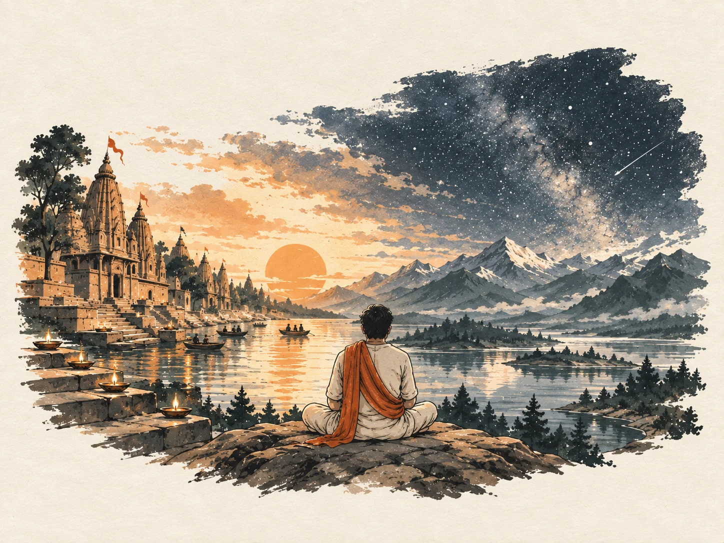 A man sitting on a rock between temples and oil lamps at sunset on one side and a starry night sky over mountains on the other.