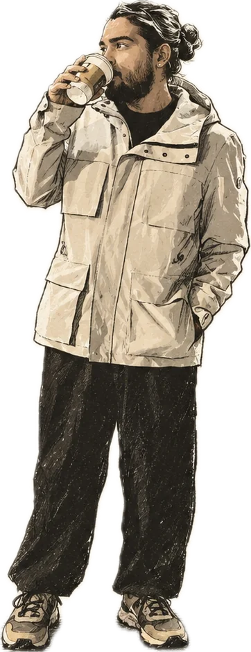 Ink drawing of a bearded man in a cream field jacket, drinking from a paper cup and looking off to one side.